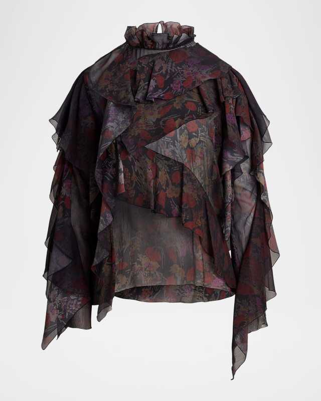 Ilene Ruffle-Trim Floral Chiffon Blouse